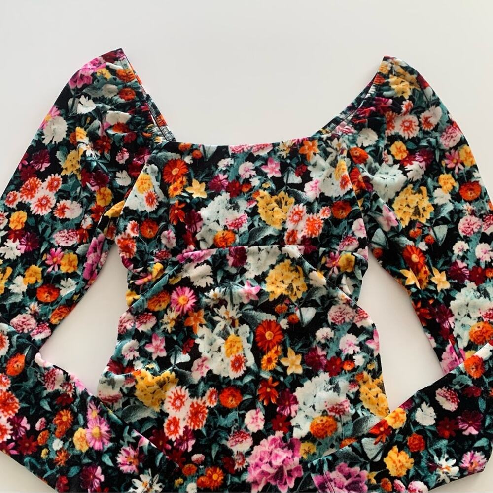 Wild Fable Black Multicolor Floral Velour Off Shoulder Long Sleeve Mini Dress - Picture 2 of 10
